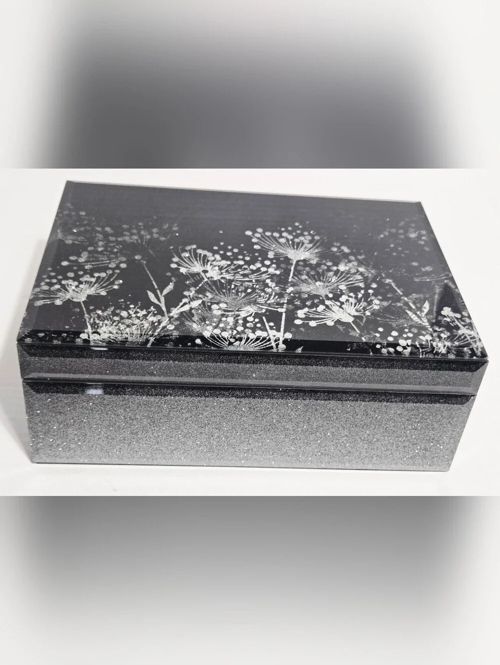 Palinna Dandelion Glass Jewelry Box Black Silver Velvet Organizer New In Box